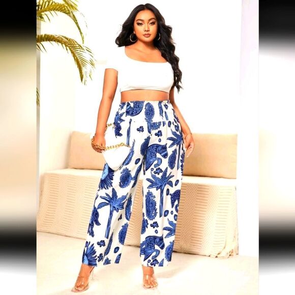 Blue and White Floral Women's Pants - Picture 1 of 5